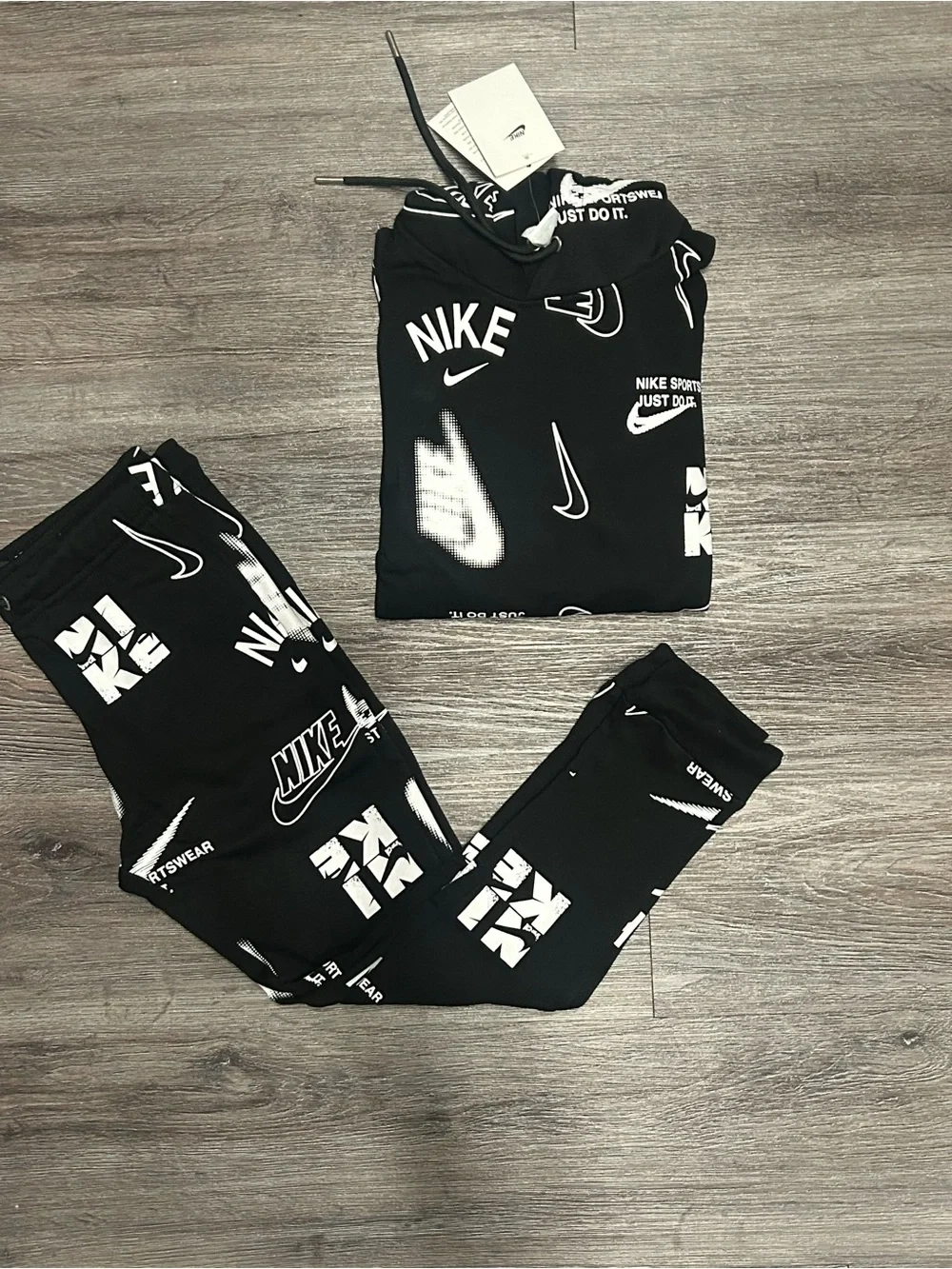 Nike Black Sweatpants & Hoodie Set with White Logo Print